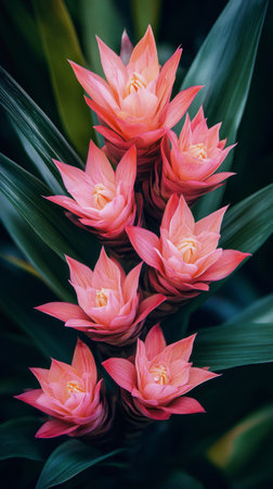 Pink flowers with delicate petals flourish amidst vibrant green foliage, creating a peaceful garden atmosphere. This scene captures the beauty of nature in full bloom.の素材