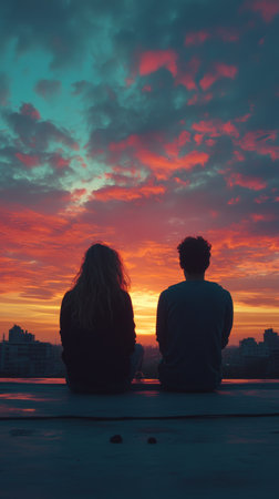 Two people sit on the edge of a rooftop, gazing at a vibrant sunset that paints the sky in hues of orange and pink above a city filled with buildings and lights.の素材
