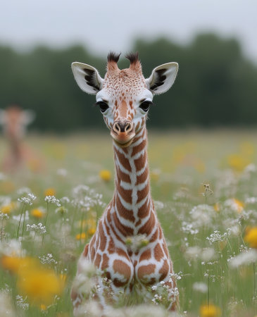 A young child in a soft, realistic giraffe costume sits cross-legged, resting their chin on hands with a playful expression. The setting highlights the plush texture and features of the costume.の素材