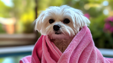 A small white dog sits comfortably wrapped in a cozy pink towel. The dog appears relaxed and content, basking in natural light indoors with greenery visible in the background.の素材