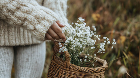 Warm knit gloves cradle a small wicker basket overflowing with white flowers, set against a soft autumn backdrop. The moment captures the essence of falls beauty.の素材