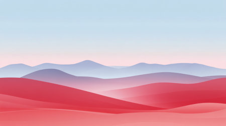A tranquil landscape featuring mountains shrouded in soft red tones, blending with a gentle blue sky. This peaceful vista captures the essence of dusk encapsulated in color.の素材