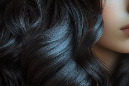 Close-up view of long dark hair displaying a silky texture and rich color. The smooth strands reflect light beautifully, illustrating their health and vitality. Ideal for hair care inspiration.の素材