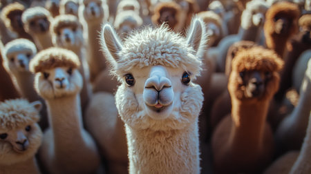 Alpacas with fluffy coats and distinct expressions are clustered closely together in a sunny pasture during the afternoon. Their inquisitive nature is evident as they interact.の素材