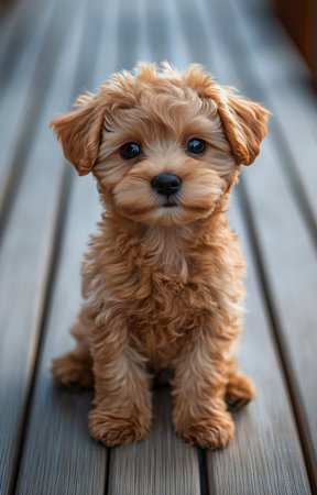 A small, fluffy dog sits patiently on a wooden deck, its fur illuminated by the warm glow of the setting sun. Surrounding trees create a serene atmosphere.の素材
