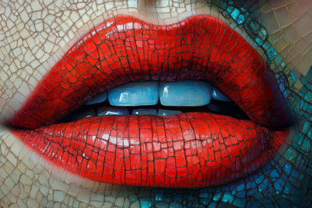 Vibrant floral patterns adorn the lips, showcasing a blend of red and blue colors. The intricate design highlights artistic expression through makeup, emphasizing beauty and creativity.の素材