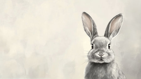 A detailed representation of a rabbit with large ears and expressive eyes stands against a soft neutral background, showing its fur texture and gentle features.の素材
