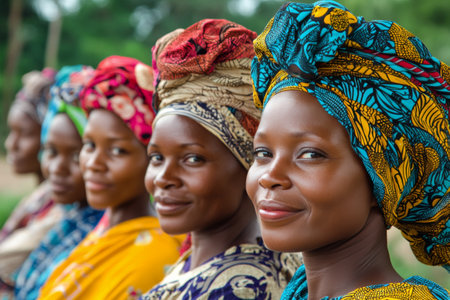 A group of women showcases vibrant headwraps while engaging in a festive cultural gathering amidst greenery. Their smiles reflect happiness and camaraderie.の素材