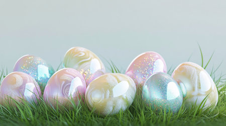 Pastel-colored eggs with shimmering finishes are scattered on lush green grass under soft light, creating a delightful spring atmosphere. This setting suggests an Easter celebration.の素材