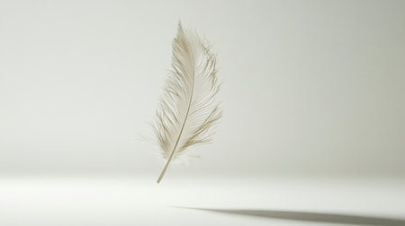 A single white feather floats gently in mid-air, casting a soft shadow on a light surface. The simplicity highlights its elegance and fragility in a serene atmosphere.の素材