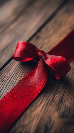 Smooth red satin ribbon is gracefully coiled on a rustic wooden surface, ideal for gift wrapping, crafting, and decorating any occasion or project with flair.の素材