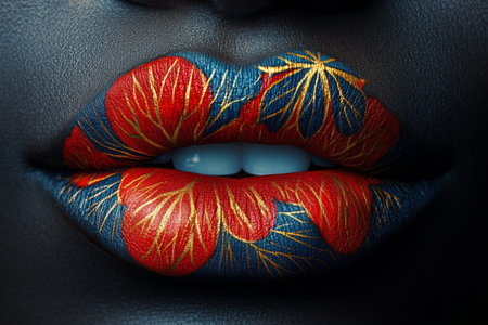 Vibrant floral patterns adorn the lips, showcasing a blend of red and blue colors. The intricate design highlights artistic expression through makeup, emphasizing beauty and creativity.の素材