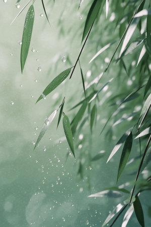 Sunlight filters through water, illuminating green aquatic plants surrounded by dancing air bubbles in a tranquil underwater habitat.の素材