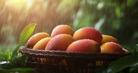 A basket filled with ripe mangoes glistens in the rain as droplets fall and sunlight breaks through the clouds, creating a warm, vibrant atmosphere.の素材