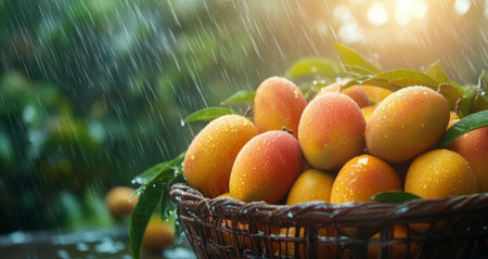 A basket filled with ripe mangoes glistens in the rain as droplets fall and sunlight breaks through the clouds, creating a warm, vibrant atmosphere.の素材