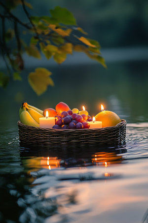 Flickering candles float beside a woven basket filled with fresh oranges. The serene water reflects the warm light, creating a peaceful atmosphere surrounded by lush greenery.の素材