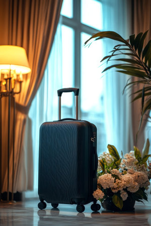 A sleek black suitcase stands on a patterned carpet beside a vibrant bouquet of flowers in a bright hotel lobby. Sunlight streams through large windows, creating a welcoming atmosphere.の素材