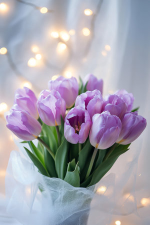A bouquet of vibrant purple tulips is elegantly arranged, surrounded by soft, glowing lights that create a warm and inviting ambiance.の素材