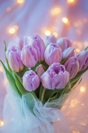 A bouquet of vibrant purple tulips is elegantly arranged, surrounded by soft, glowing lights that create a warm and inviting ambiance.の素材