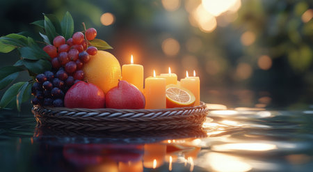 A basket filled with fresh fruit including apples and lemons floats gently on a serene water surface, surrounded by lush greenery and colorful flowers, creating a peaceful atmosphere.の素材