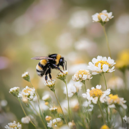 A bumblebee is busy gathering nectar from a delicate white flower in a sunny meadow filled with colorful blooms. The scene captures the beauty of nature and pollination.の素材
