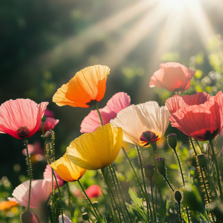 Vibrant flowers in shades of pink, orange, and yellow bloom under the warm sunlight in a lush garden setting during springtime.の素材