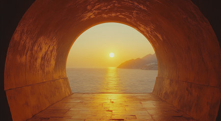 A breathtaking sunset casts warm orange and pink hues across the ocean, viewed through a circular arch. The calm waters reflect the colors, creating a peaceful and serene atmosphere.の素材