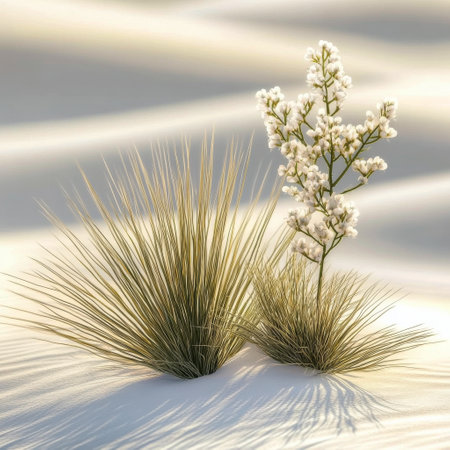 A delicate white flower rises gracefully from the sandy terrain, surrounded by green grass.の素材