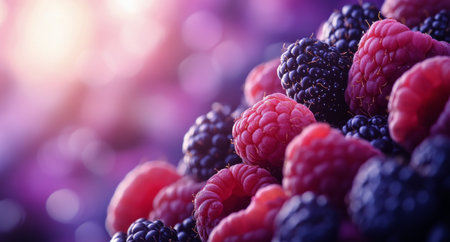 Ripe raspberries and blackberries are arranged together, showcasing their rich colors and textures under soft lighting, creating an inviting and appetizing appearance.の素材