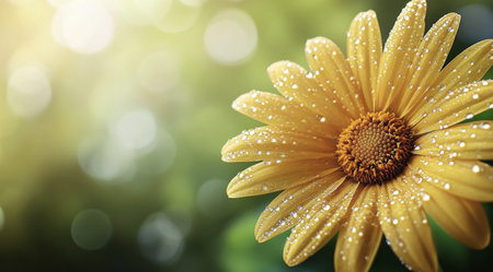 Bright yellow flowers bloom in a vibrant garden, glistening with dew droplets. Soft sunlight filters through greenery, creating a magical, serene atmosphere.の素材