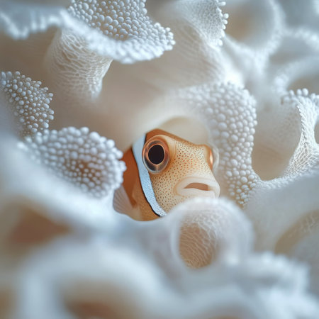 A clownfish peeks out from between soft coral formations in a clear blue ocean. The scene captures the beauty of marine life and its natural environment.の素材