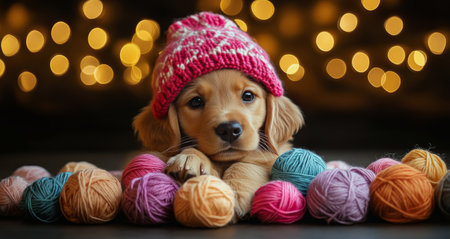 A puppy dressed in a cozy knitted hat and scarf sits among vibrant yarn balls. The background features soft, warm lights, adding to a cheerful winter atmosphere.の素材