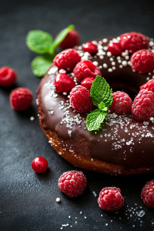A rich chocolate donut is beautifully decorated with fresh raspberries and mint leaves, resting on a dark surface sprinkled with sugar, showing its indulgent appeal.の素材