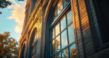 The vibrant hues of a sunset reflect on the sleek glass surfaces of a modern building, showcasing the urban landscape as day transitions to night during evening hours.の素材