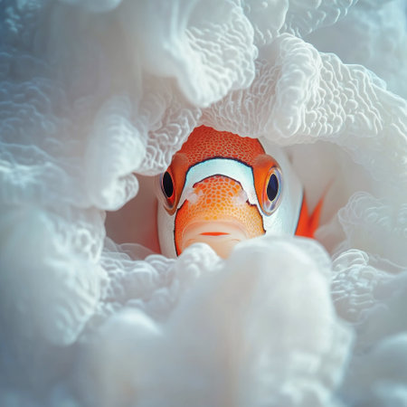 A clownfish peeks out from between soft coral formations in a clear blue ocean. The scene captures the beauty of marine life and its natural environment.の素材
