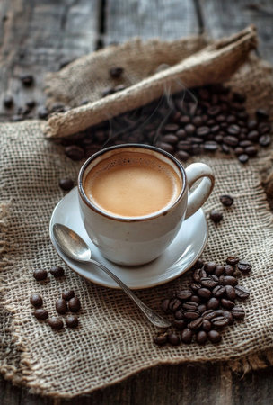 A beautifully crafted cup of coffee sits on a rustic table, surrounded by coffee beans and soft greenery, creating a warm and inviting atmosphere perfect for relaxation.の素材