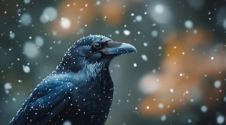 A raven with shimmering black feathers sits on a snow-covered branch while snowflakes gently fall around it in a serene winter forest. The atmosphere is quiet and magical.の素材