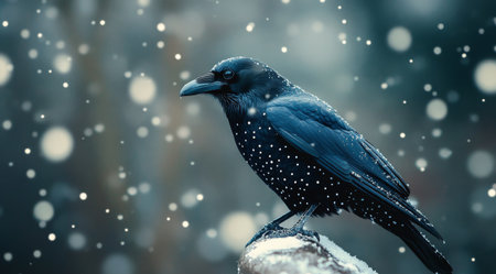 A raven with shimmering black feathers sits on a snow-covered branch while snowflakes gently fall around it in a serene winter forest. The atmosphere is quiet and magical.の素材