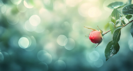 A single rosebud hangs delicately on a green branch, glistening with dewdrops. The soft focus background creates a tranquil, dreamy atmosphere, typical of an early morning in spring.の素材