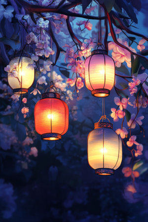 Delicate cherry blossom branches adorned with glowing lanterns create a magical ambiance during the night.の素材