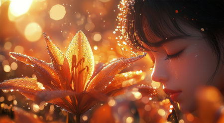 A striking orange lily blooms gracefully, adorned with droplets of water glistening in the soft sunlight. The leaves provide a lush backdrop, enhancing the flower's beauty.の素材