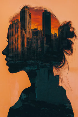 A womans silhouette is combined with a bright city skyline during sunset. The warm colors and city lights create a stunning contrast, capturing a moment of urban beauty.の素材