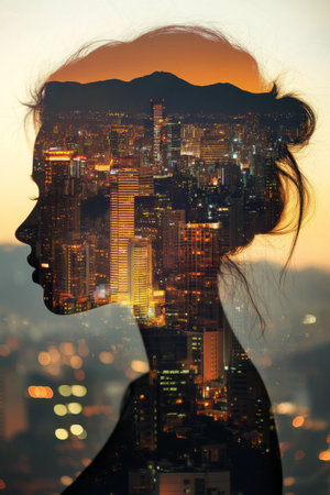 A womans silhouette is combined with a bright city skyline during sunset. The warm colors and city lights create a stunning contrast, capturing a moment of urban beauty.の素材