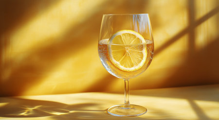 A glass filled with sparkling lemon drink features slices of lemon on the rim. Fresh lemons lie beside the glass, surrounded by a sunny yellow backdrop that enhances its freshness.の素材