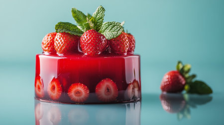 A vibrant jelly dessert sits on a glossy surface, adorned with fresh strawberries and mint leaves.の素材