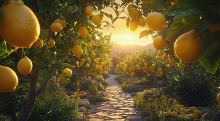 Ripe lemons dangle from lush green branches while the sun sets in the background, casting a warm glow over the tranquil lemon orchard.の素材