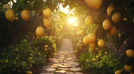 Ripe lemons dangle from lush green branches while the sun sets in the background, casting a warm glow over the tranquil lemon orchard.の素材