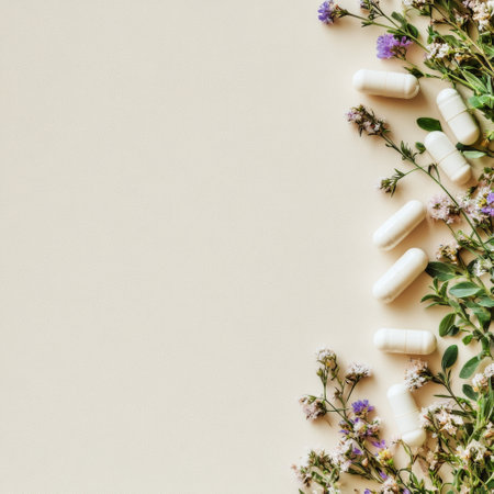 White capsules are artistically laid next to colorful herbs and flowers on a soft, neutral surface. This arrangement highlights the connection between nature and wellness.の素材