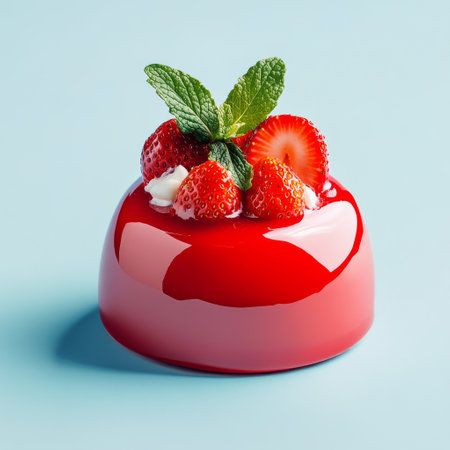 Bright red jelly dessert topped with sliced strawberries and fresh mint leaves sits on a light blue surface, creating an inviting and colorful treat perfect for any occasion.の素材