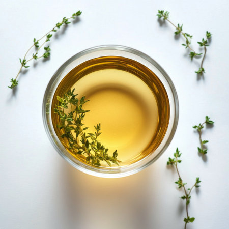 A clear glass bowl filled with golden thyme infused oil sits on a white surface. Fresh green thyme sprigs nestle beside the bowl, highlighting its aromatic qualities.の素材